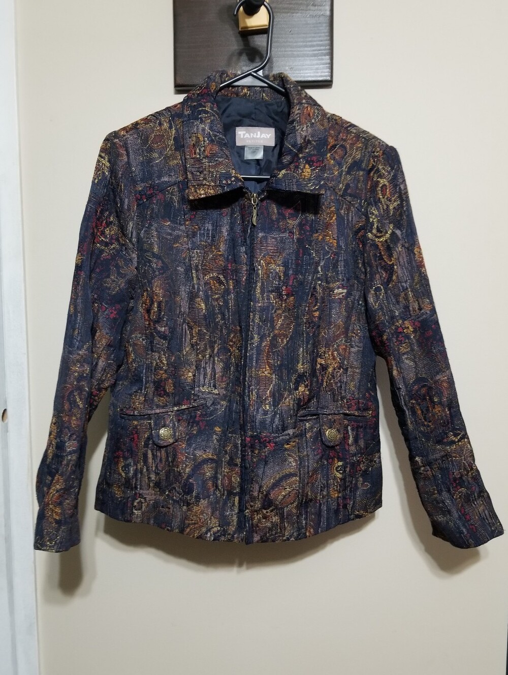 TanJay Navy Paisley-Patterned Zip Jacket Metallic Accents Tapestry Blazer 10P